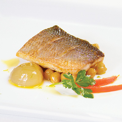 Seared Common Seabass on Chick Peas Roasted in Olive Oil