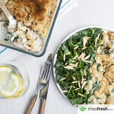 Macaroni au Gratin with Kale and Almonds 
with Italian-Style Side Salad