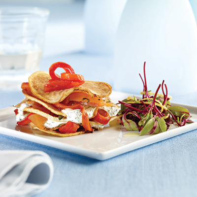 Potato,smoked salmon and red pepper stacks with dill sauce