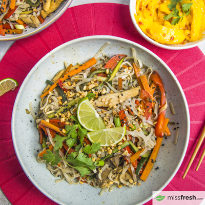 Chicken Pad Thai with Black Sesame Seeds and Spicy Mango Salad