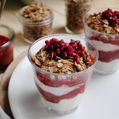 Creamy Parfait with Red Berries and Extra Crispy Granola