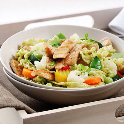 Pasta with Pork, Vegetables and Pesto
