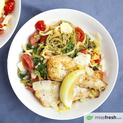Tomato and Spinach Pasta with Fried Sole in a Creamy Garlic Butter Sauce