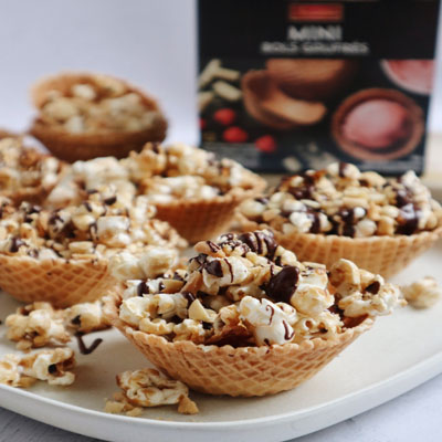 Vegan Waffle Bowls with Salted Caramel and Chocolate Popcorn