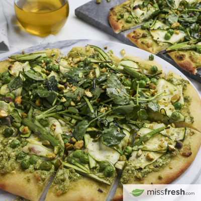 White Pizza with Spring Vegetables and Pesto Ricotta