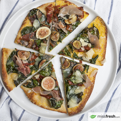 Prosciutto, Spinach and Fresh Fig Pizzas with Parmesan Petals and Olive oil