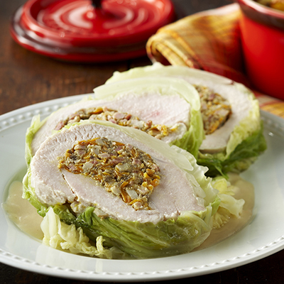 Cabbage-wrapped Turkey Breast with Dijon Sauce and Roasted Root Vegetables