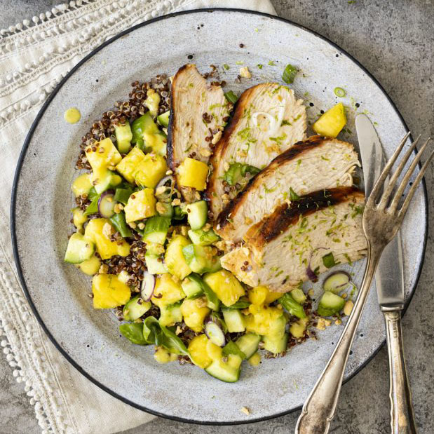 Maple marinated turkey breasts with cucumbers and pineapple salsa