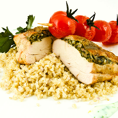 Stuffed Chicken Breasts with Grilled Tomatoes and Minted Yogurt Sauce