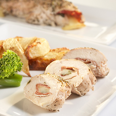 Gourmet à la carte Chicken Saltimbocca, Zucchini-broccoli Bundles and Potato Wedge Fries