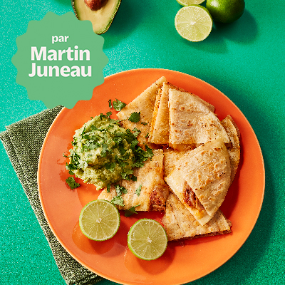 Pulled chicken quesadillas, Monterey Jack and avocado