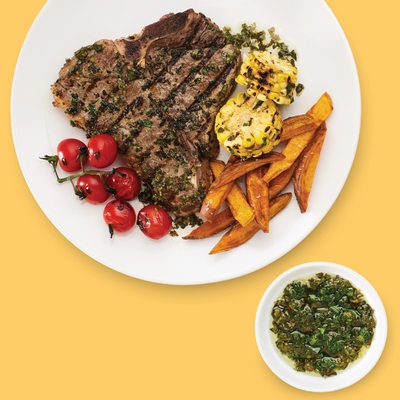 Côtelette de longe de veau vieillie, sauce chimichurri épicée