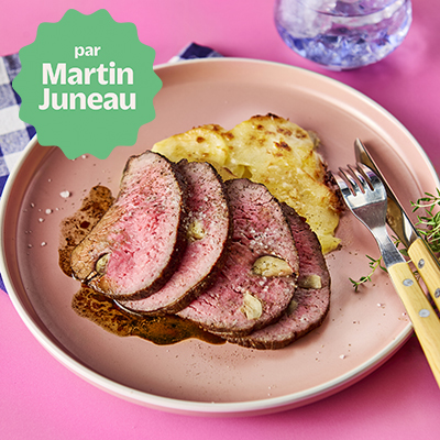 Garlic-infused AA roast beef with cream and Parmesan potato gratin