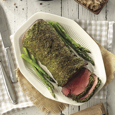 Pumpkin Pesto-crusted Beef Tenderloin with Mushroom Ragout