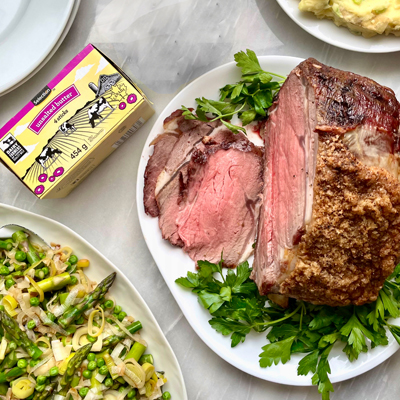 Prime Rib Roast with Mashed Potatoes and Lemony Spring Greens