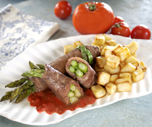 Asparagus Rolls with fondue meat and Tomato Coulis