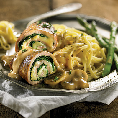 Veal Birds with Spinach, Gouda and Forestière Sauce