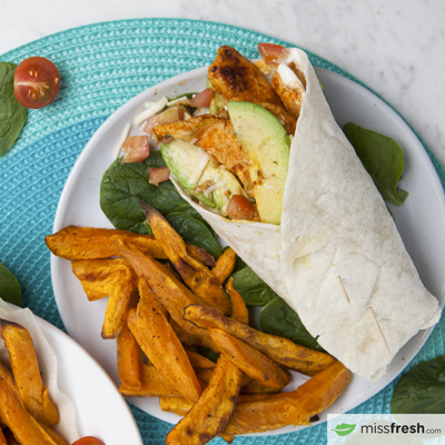 Grilled Chicken Avocado Wrap with Sweet Potato Fries