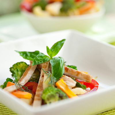 Crunchy Broccoli and Chicken Salad with Firm Cheese
