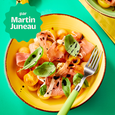 Cantaloupe and tomato salad with prosciutto, bocconcini, basil and a balsamic vinegar reduction