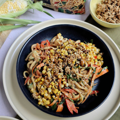 Sesame and balsamic udon noodle salad with grilled corn