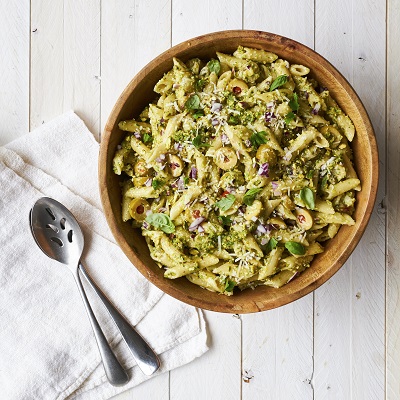 Pasta Salad with Asparagus Pesto and Pistachios, Olives and Parmesan