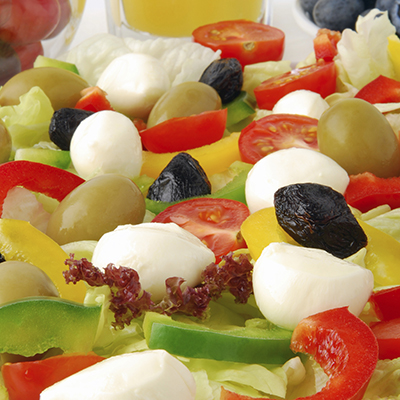 Pepper Confetti Salad with Bocconciniand Olive Oil and Rosemary White Wine Vinegar Dressing