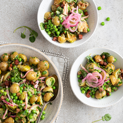 Creamy Curried Potato Salad with Brussels Sprouts and Pancetta