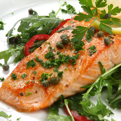 Grilled Salmon and Bartlett Pear Salad with Hazelnuts