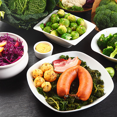 European Sausages with 3 Types of Cabbage