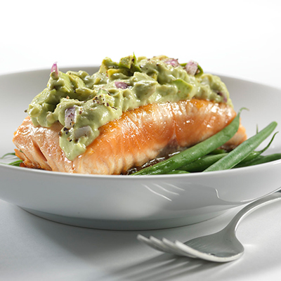 Grilled Salmon with Avocado and Boursin purée