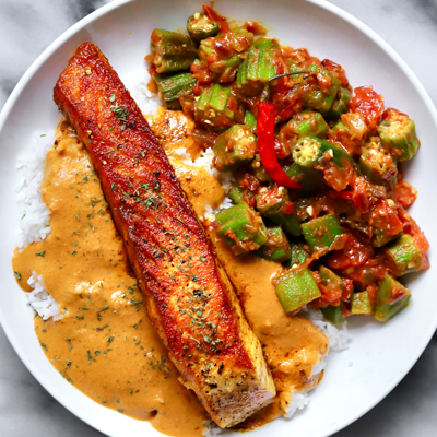 Seared Salmon with Indian Spices, Cashew Gravy and Okra Masala