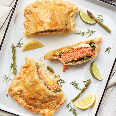 Sockeye salmon en croûte with asparagus, mushrooms and eggs and creamy dill sauce