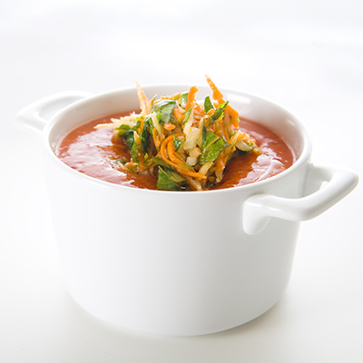 Cold Tomato Soup with Vegetable-herb Garnish