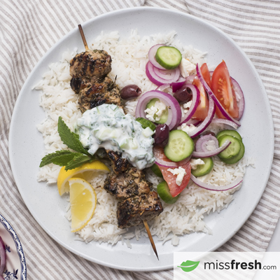 Pork Souvlaki with Tzatziki and Greek Salad