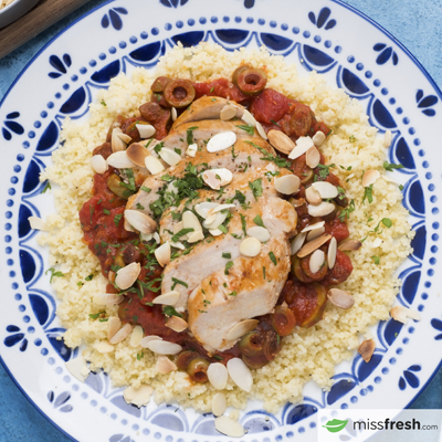 Chicken Supreme with Tomatoes and Olives 
with Couscous and Almonds