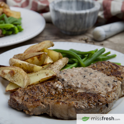 Sirloin Steaks with Peppercorn Sauce with Fries and Green Beans