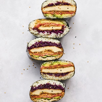 Chicken Katsu Sushi Sandwich (Onigirazu) with Colourful Vegetables