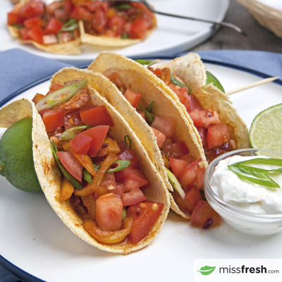Vegetarian "Pulled Pork" Tacos with Jackfruit, Tomato Salsa and Sour Cream