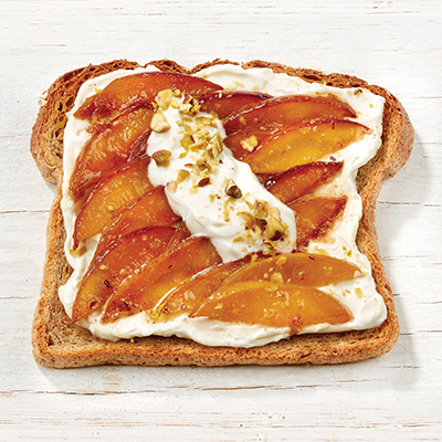 Grilled Vanilla Peach Toast with Maple Cream and Pistachios