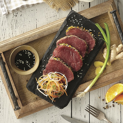 Orange-ginger coated beef tataki with lemon-soy sauces Orange-ginger coated beef tataki with lemon-soy sauce
