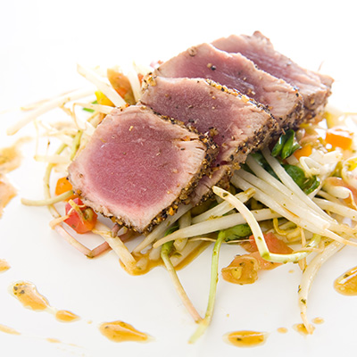 Tuna Tataki with Steak Spice and Gingery Bean Sprout Salad