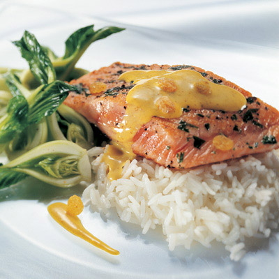 Roasted Trout with a Creamy Curry-Flavoured Brie and Raisin Sauce