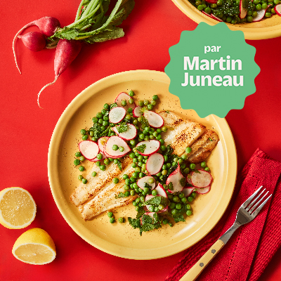Turbot pan-fried in butter topped with radish and green pea salad