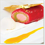 Tutti-frutti Roll on Meringue with Tuile and Litchi Ice Cream, Espuma and Pomegranate Syrup