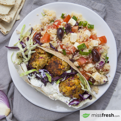 Falafel Wraps with Couscous Salad and Tzatziki